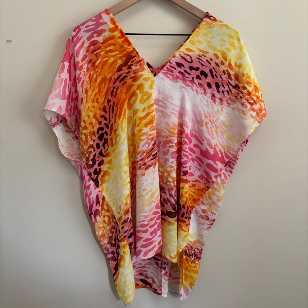 Adrienne Animal Print V-Neck Kaftan Top Pink Orange Yellow Small